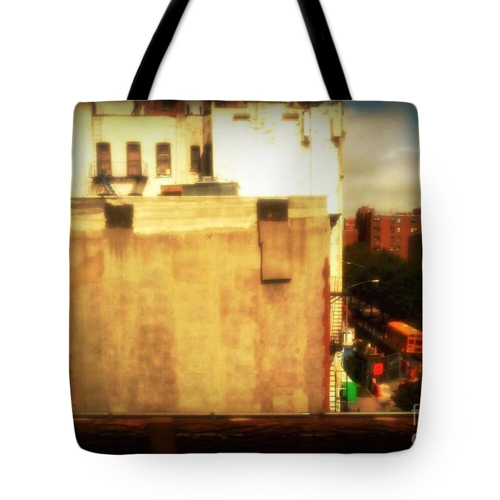 New York Tote Bag featuring the photograph School Bus with White Building by Miriam Danar