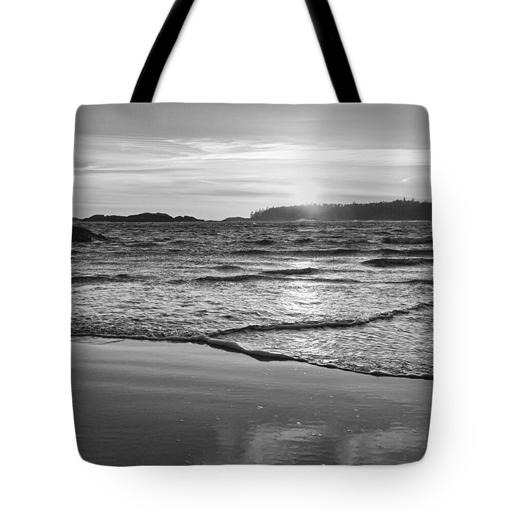 Tofino Tote Bag featuring the photograph Schooner Cove Sunset Black and White by Allan Van Gasbeck