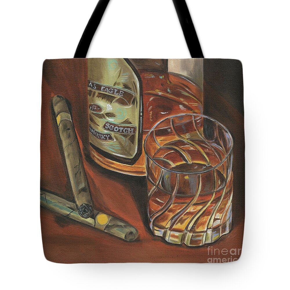 Scotch Tote Bag featuring the painting Scotch and Cigars 3 by Debbie DeWitt