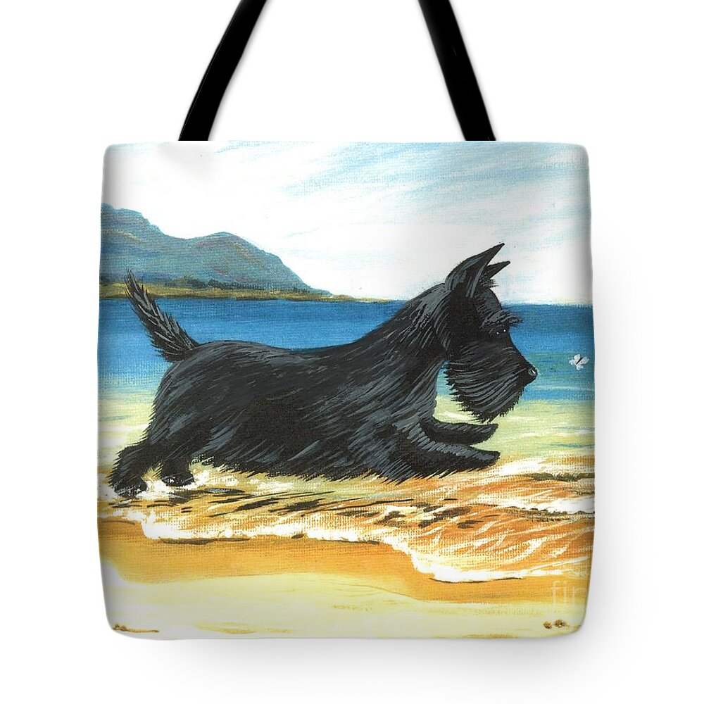 Painting Tote Bag featuring the painting Scottie At Play by Margaryta Yermolayeva