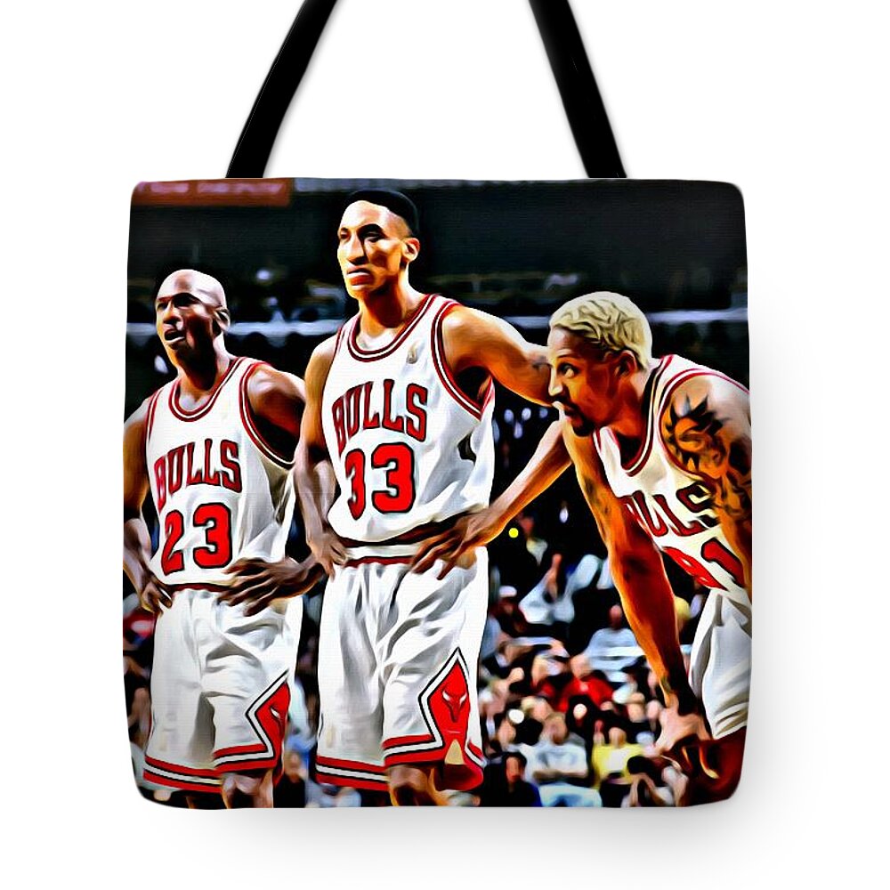 National Tote Bag featuring the painting Scottie Pippen with Michael Jordan and Dennis Rodman by Florian Rodarte