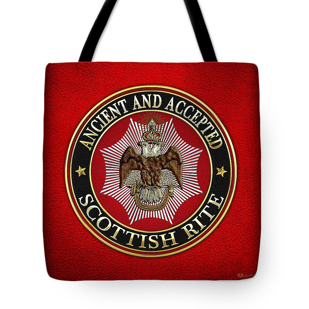 'scottish Rite' Collection By Serge Averbukh Tote Bag featuring the digital art Scottish Rite Double-headed Eagle on Red Leather by Serge Averbukh