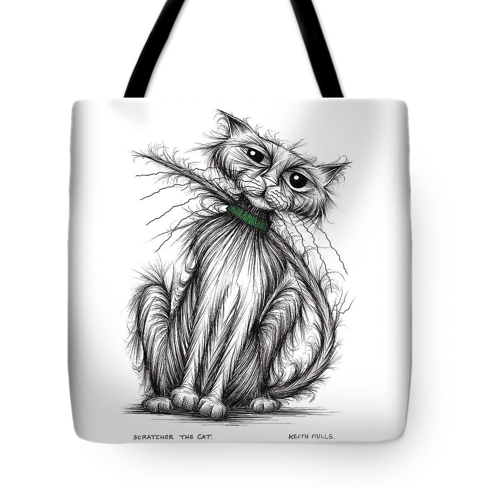 Groovy Kitties Tote Bag featuring the drawing Scratcher the cat by Keith Mills