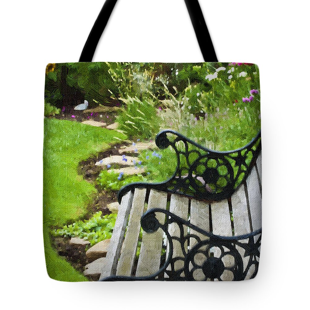 Bench Tote Bag featuring the photograph Scroll Bench Garden Scene Digital Artwork by Sandra Foster