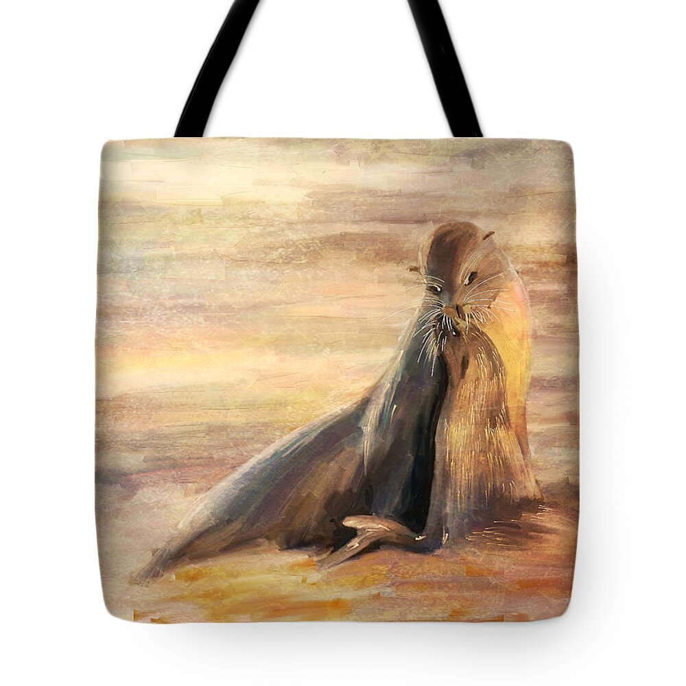 Sea Lion Tote Bag featuring the painting Sea Lion Mom and Pup Love on Galapagos Island by Angela Stanton