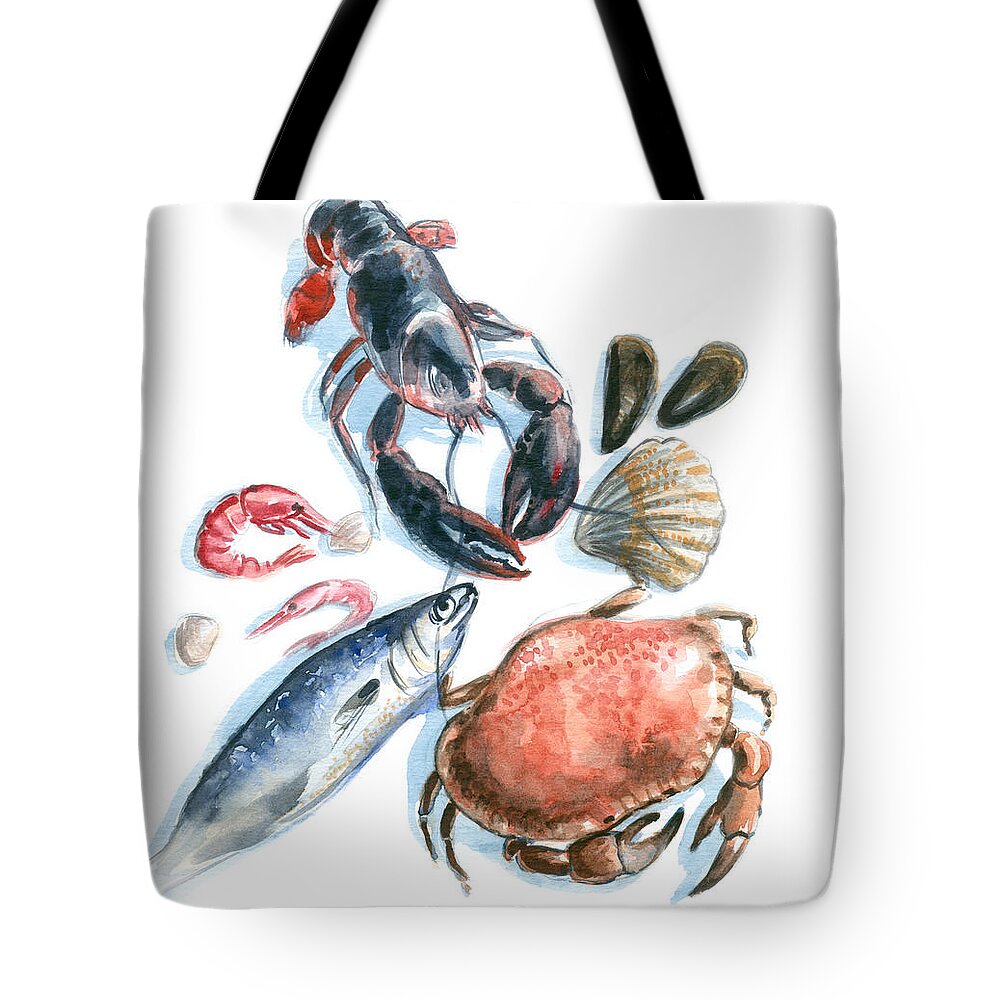 Watercolor Painting Tote Bag featuring the digital art Seafood Watercolor by Axllll