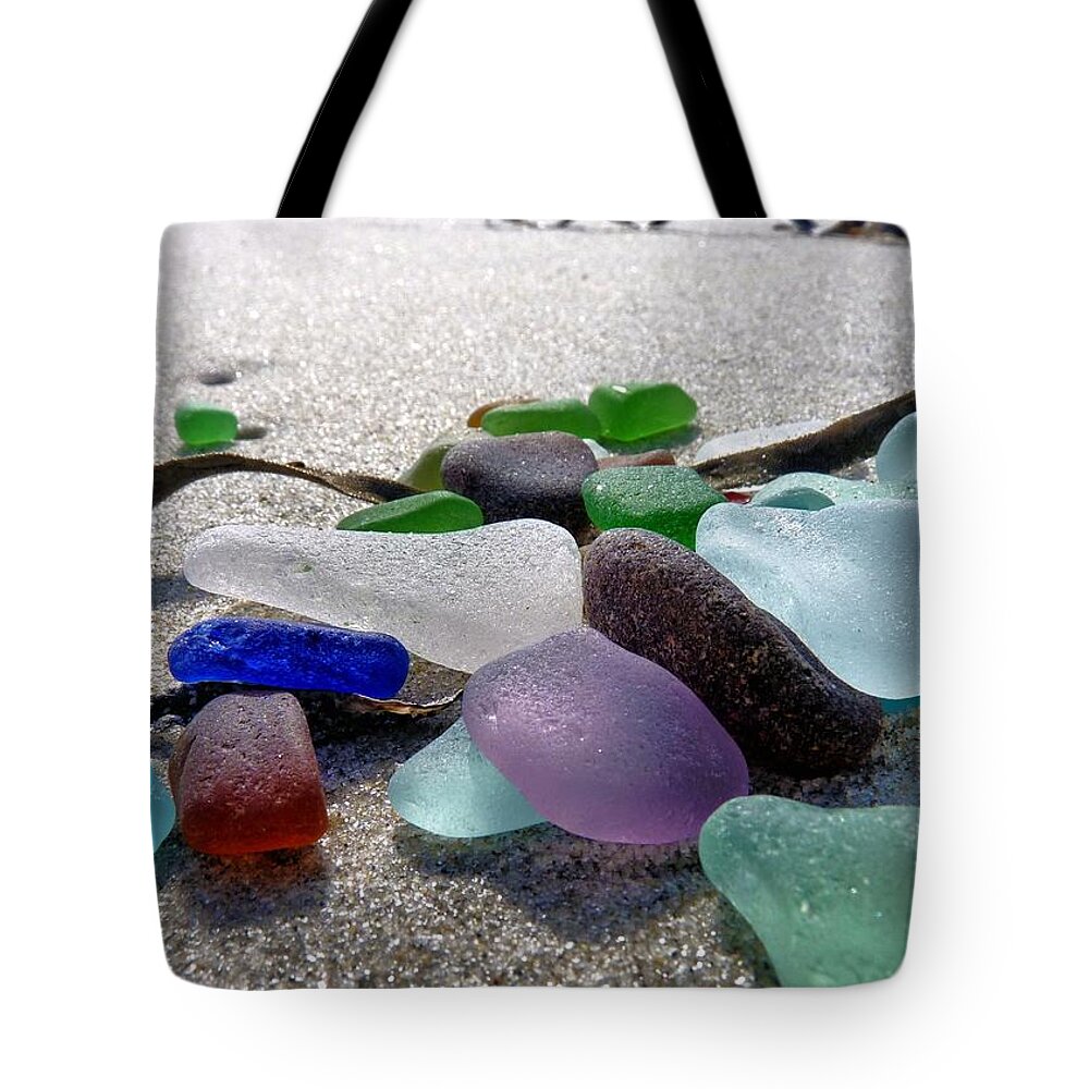 Sea Glass Tote Bag featuring the photograph Seaglass and Seaweed by Janice Drew