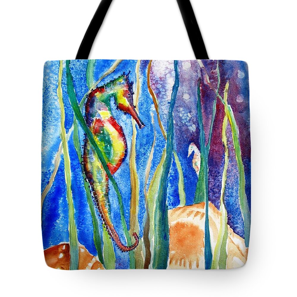 Seahorse Tote Bag featuring the painting Seahorse and Shells by Carlin Blahnik CarlinArtWatercolor