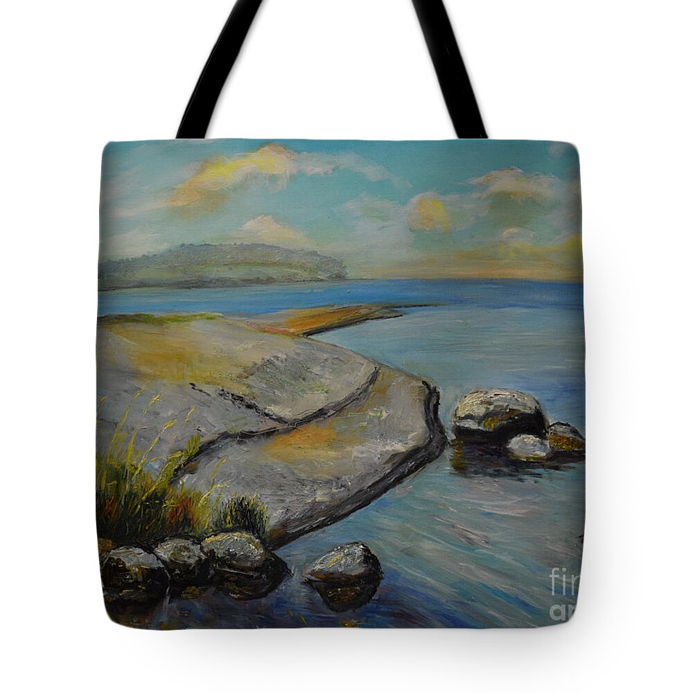 Raija Merila Tote Bag featuring the painting Seascape from Hamina 1 by Raija Merila