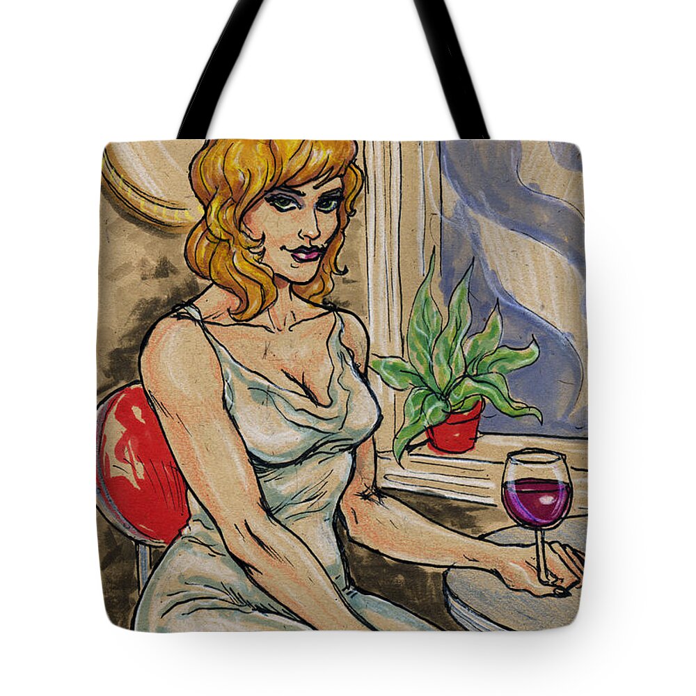 Woman Tote Bag featuring the drawing Seated Woman with Wine by John Ashton Golden