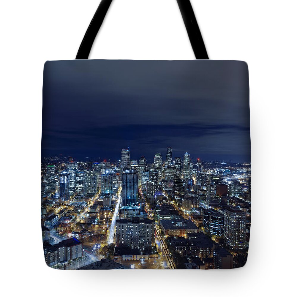 Seattle Skyline Tote Bag featuring the photograph Seattle Blue Hour by Jonathan Davison