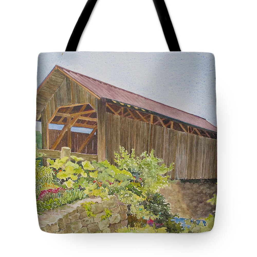 Landscape Tote Bag featuring the painting Seguin Covered Bridge by Mary Ellen Mueller Legault