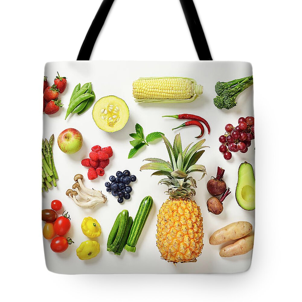 Broccoli Tote Bag featuring the photograph Selection Of Fruit And Vegetables by David Malan