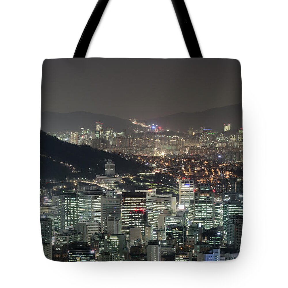 Panoramic Tote Bag featuring the photograph Seoul City Skyline At Night Overview by Steffen Schnur