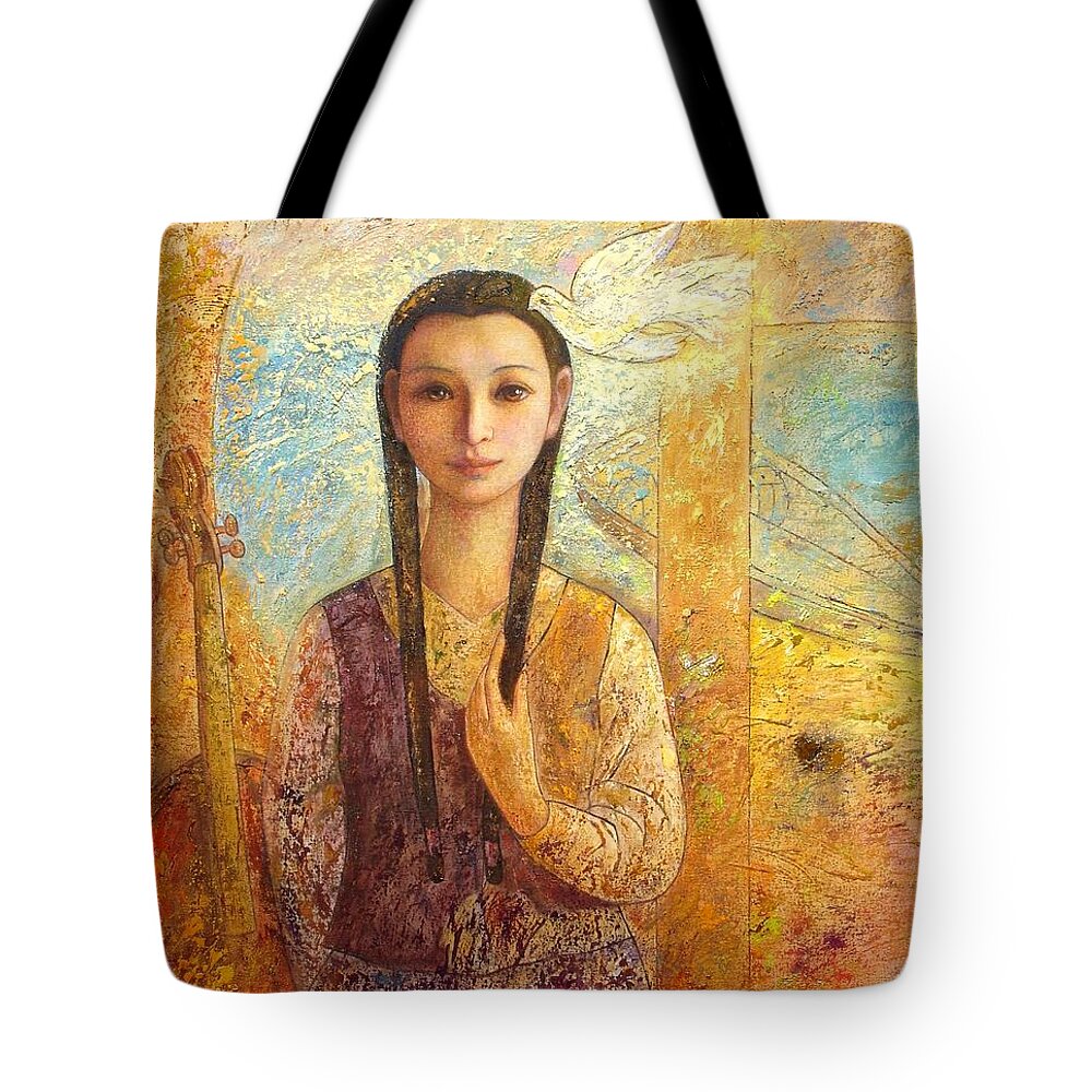 Oil Tote Bag featuring the painting Serene Seaside by Shijun Munns