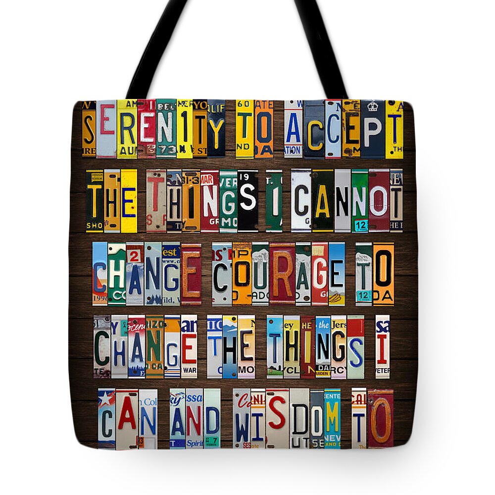 Serenity Prayer Tote Bag featuring the mixed media Serenity Prayer Reinhold Niebuhr Recycled Vintage American License Plate Letter Art by Design Turnpike