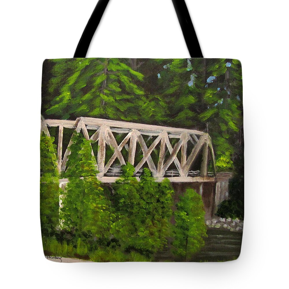 Landscape Tote Bag featuring the painting Sewalls Falls Bridge by Linda Feinberg