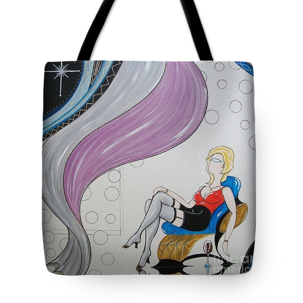 Johnlyes Tote Bag featuring the painting Sexy Woman Sitting in a Chair at a Nightclub by John Lyes