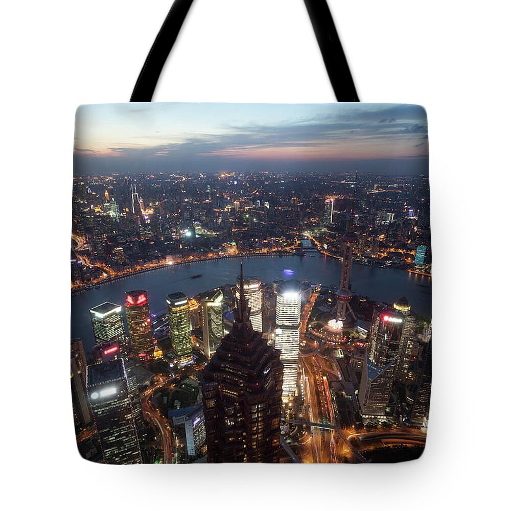 Standing Water Tote Bag featuring the photograph Shanghai Pudong City At Night From The by Matteo Colombo