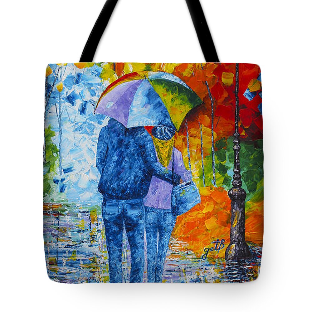 Walking In A Rainy Evening Tote Bag featuring the painting SHARING LOVE ON A RAINY EVENING original palette knife painting by Georgeta Blanaru