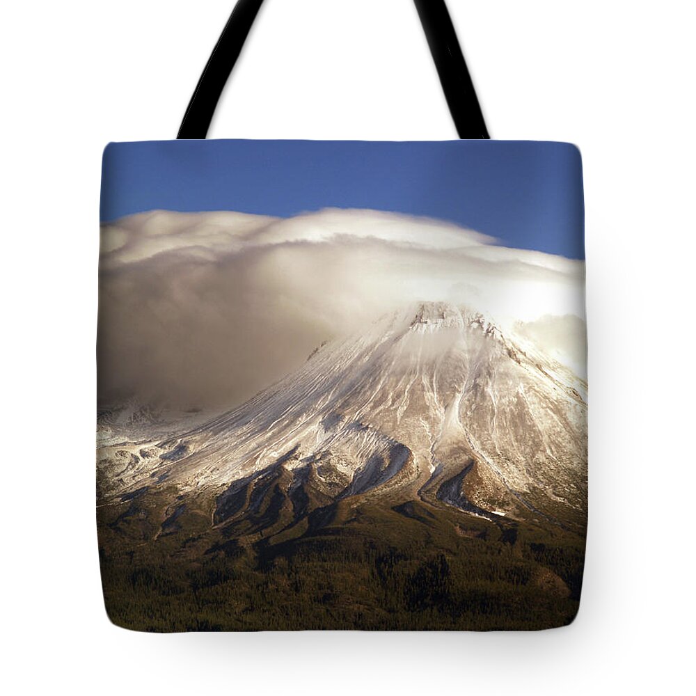 Mt Shasta Tote Bag featuring the photograph Shasta Storm by Bill Gallagher