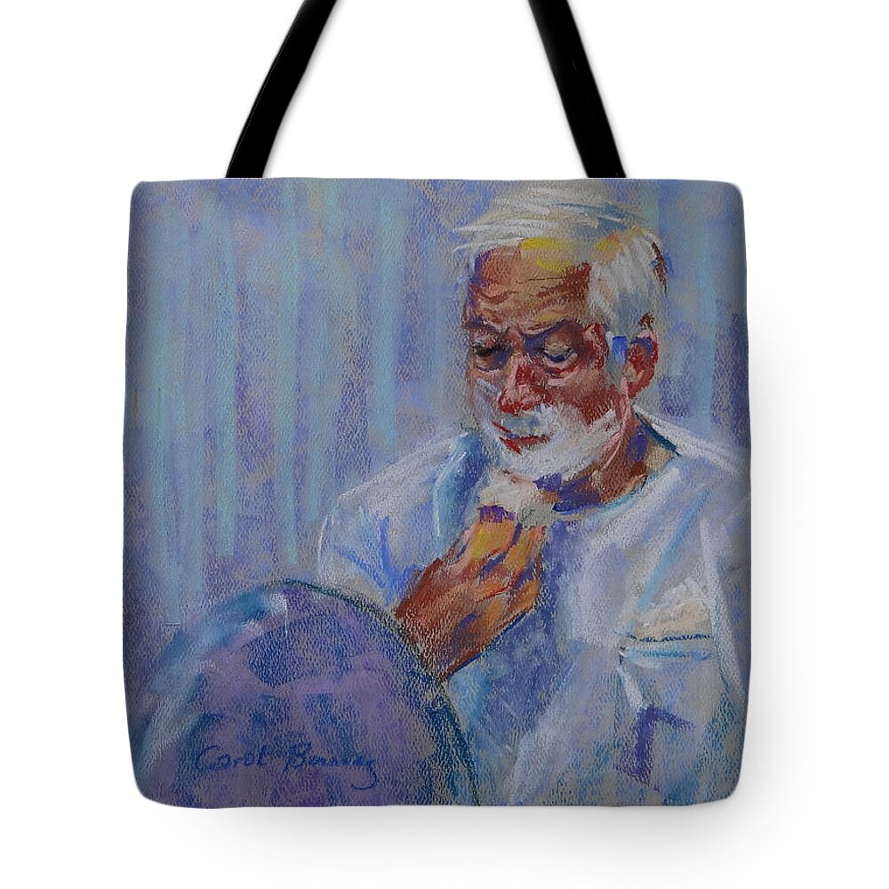 Man Shaving Tote Bag featuring the painting Shave and a Haircut by Carol Berning
