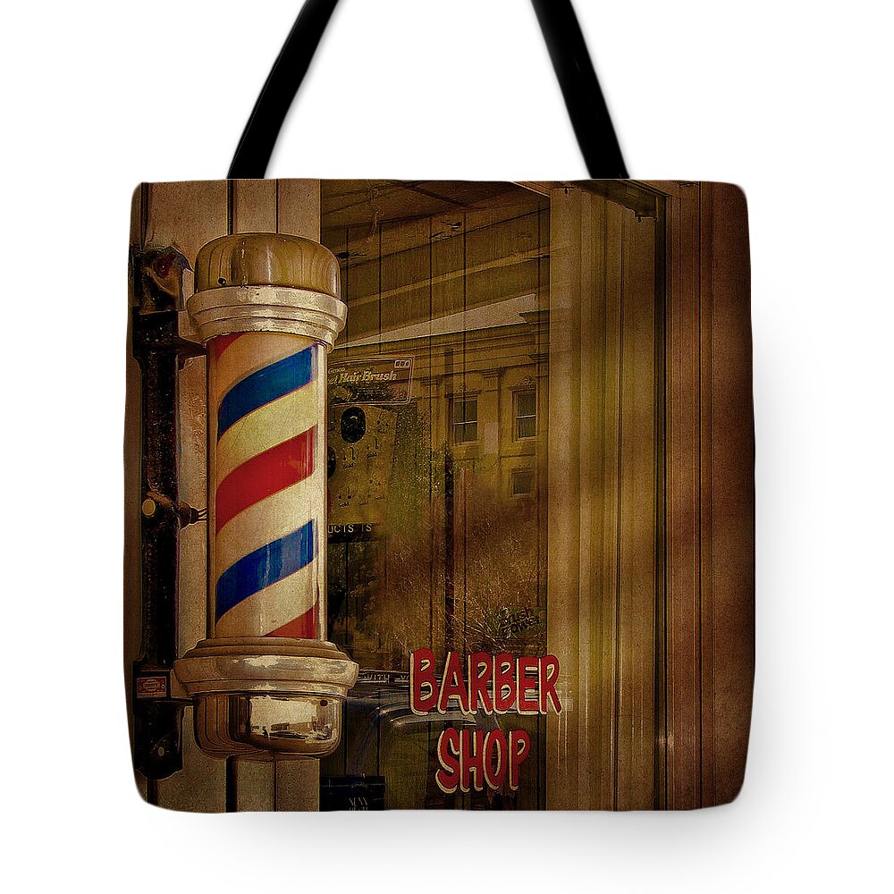 Advertising Tote Bag featuring the photograph Shave and a Haircut Two Bits by David and Carol Kelly