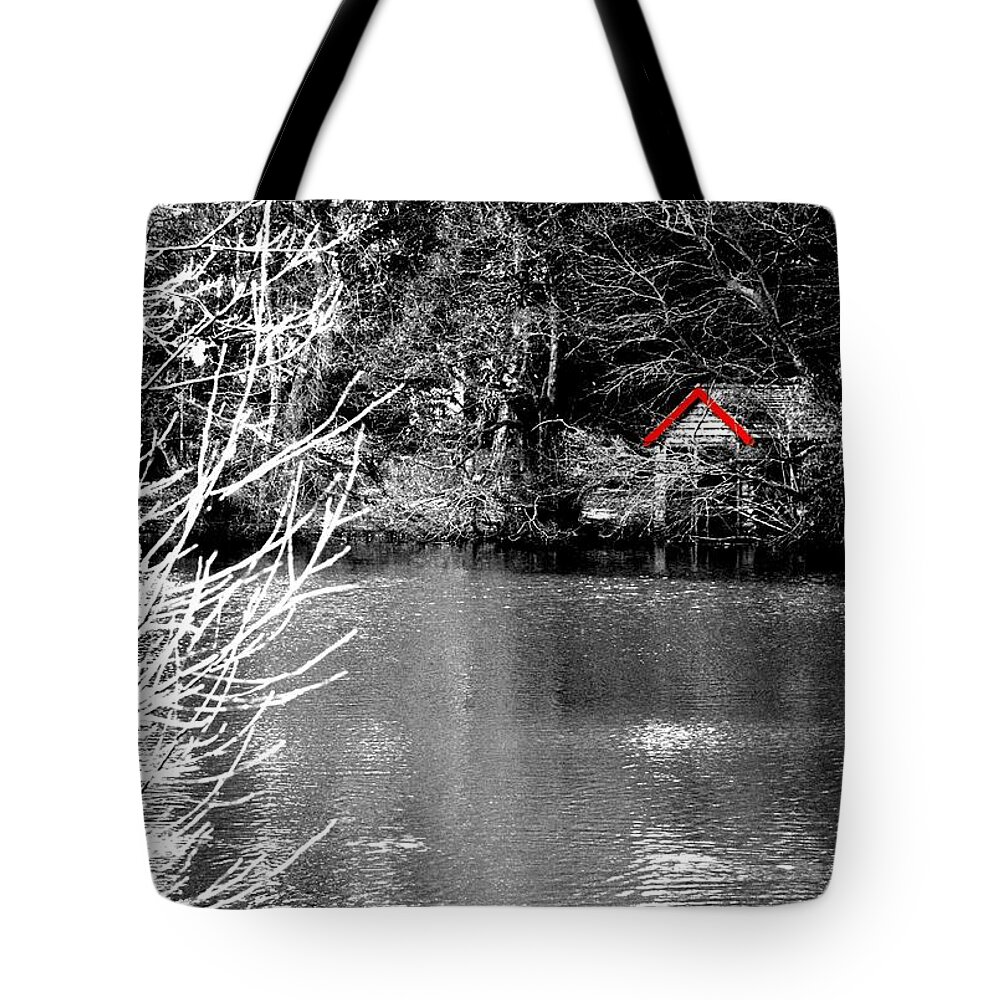 Black Tote Bag featuring the photograph Shed on the lake by Christopher Rowlands