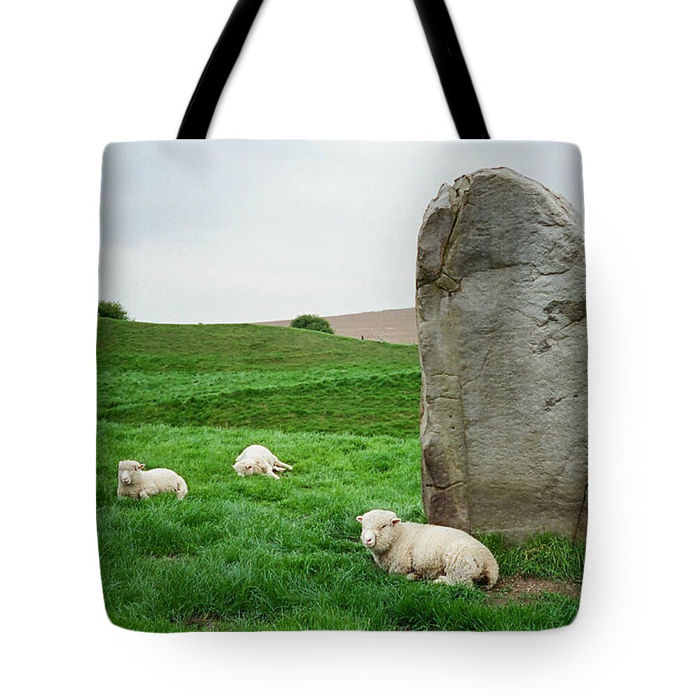 Standing Stone Tote Bag featuring the photograph Sheep at Avebury Stones - original by Marilyn Wilson