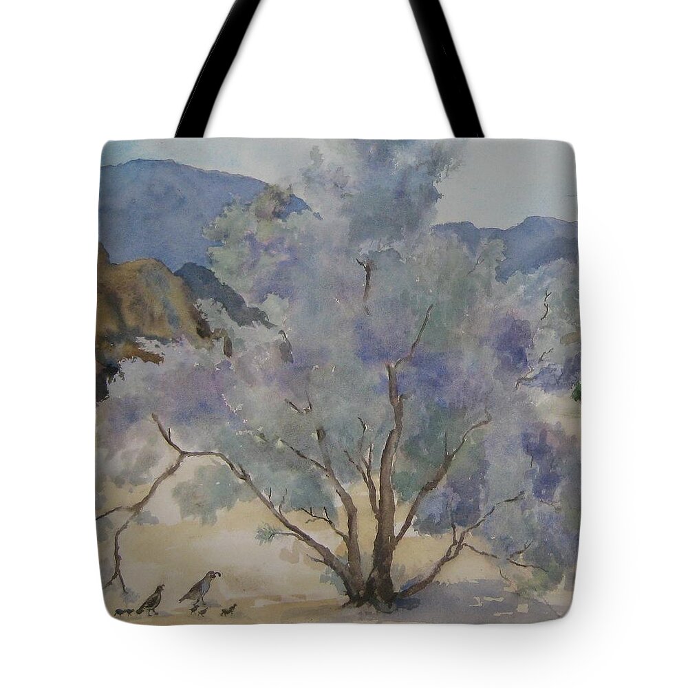 Smoketree Tote Bag featuring the painting Smoketree in Bloom by Maria Hunt