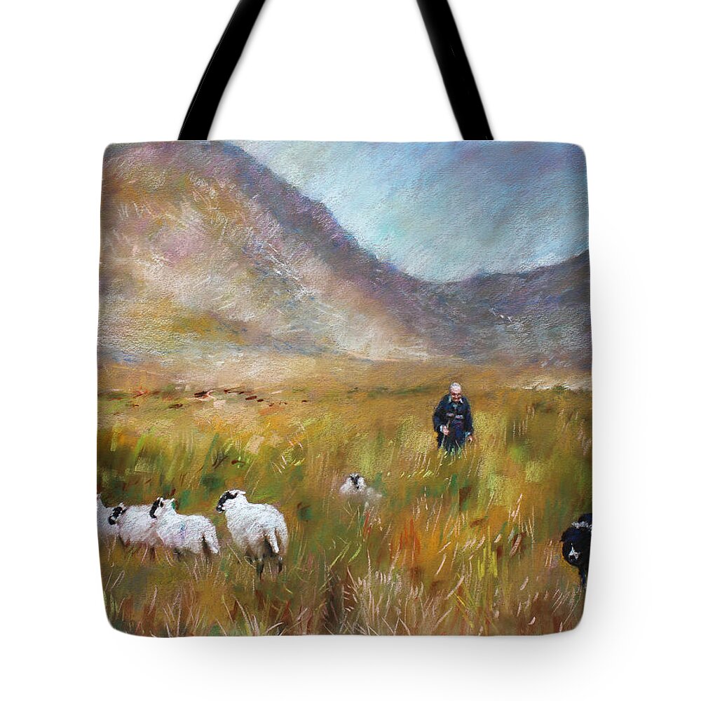 Shepherd Tote Bag featuring the drawing Shepherd and Sheep in the Valley by Viola El