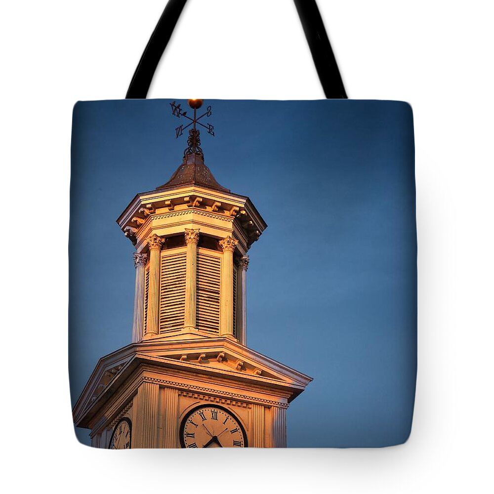 Julia Springer Tote Bag featuring the photograph Shepherd University - McMurran Clock Tower at Twilight by Julia Springer
