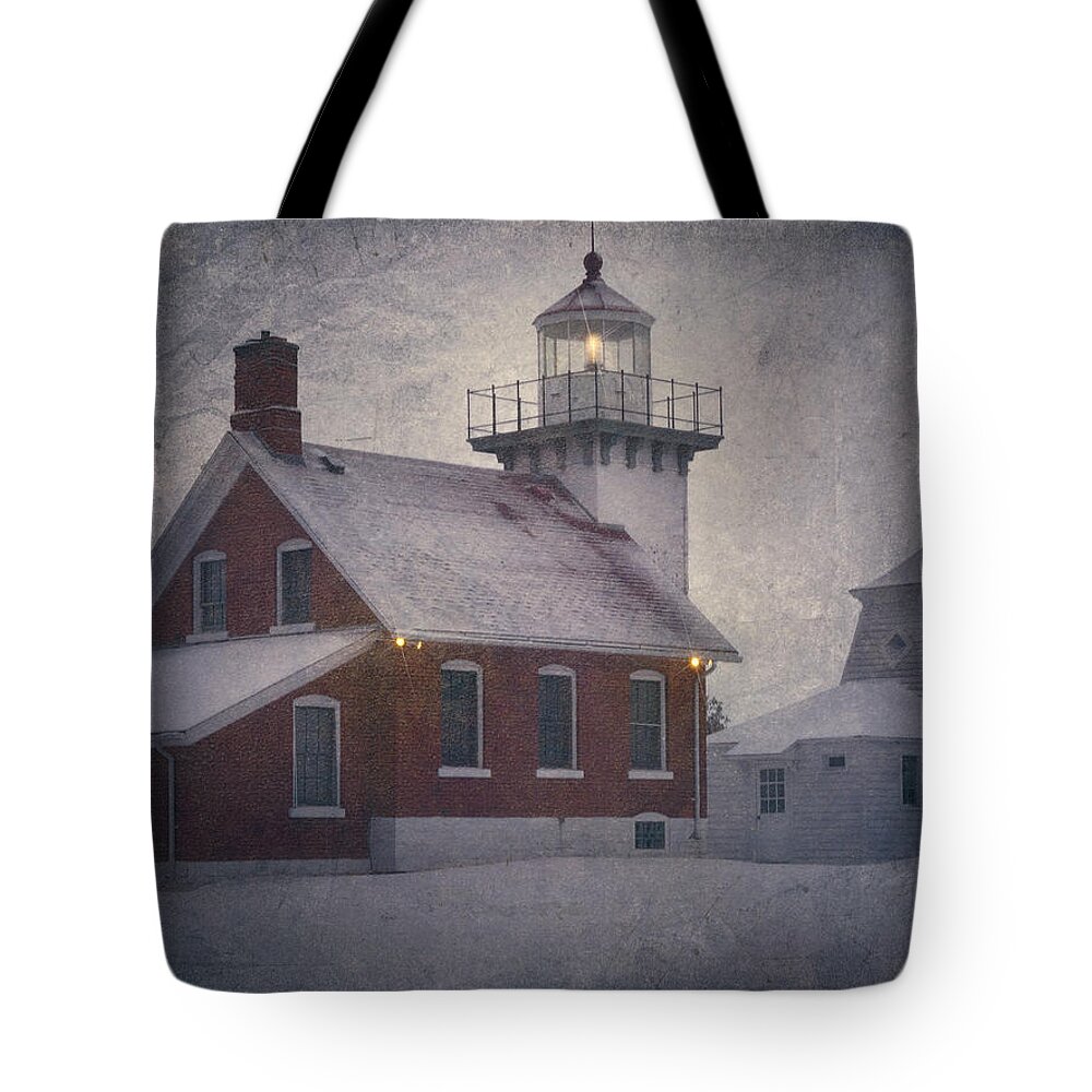 Snow Tote Bag featuring the photograph Sherwood Point Light by Joan Carroll