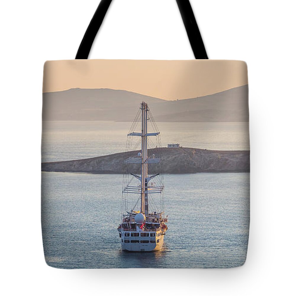 Greece Tote Bag featuring the photograph Ship In The Bay by Deimagine