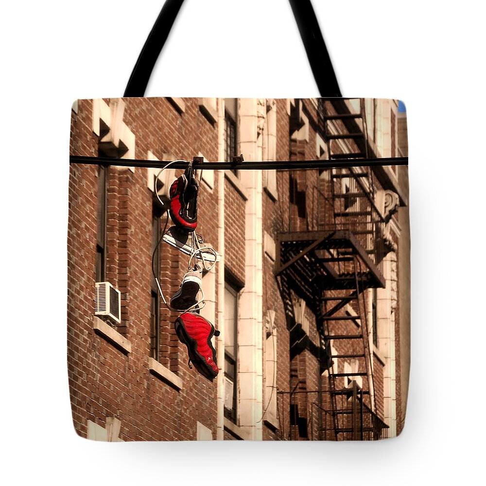 Newyork08 Tote Bag featuring the photograph Shoes hanging by RicardMN Photography