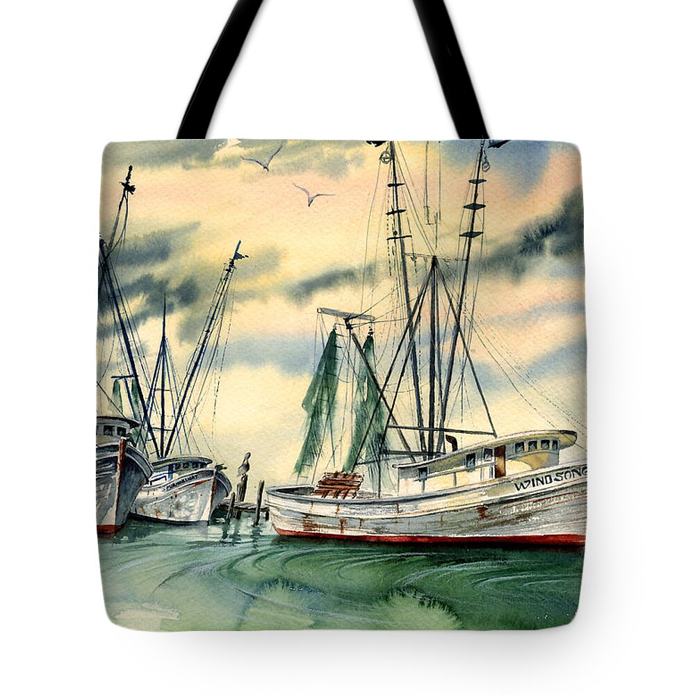 Boats Tote Bag featuring the painting Shrimp Boats in the Keys by Jill Westbrook
