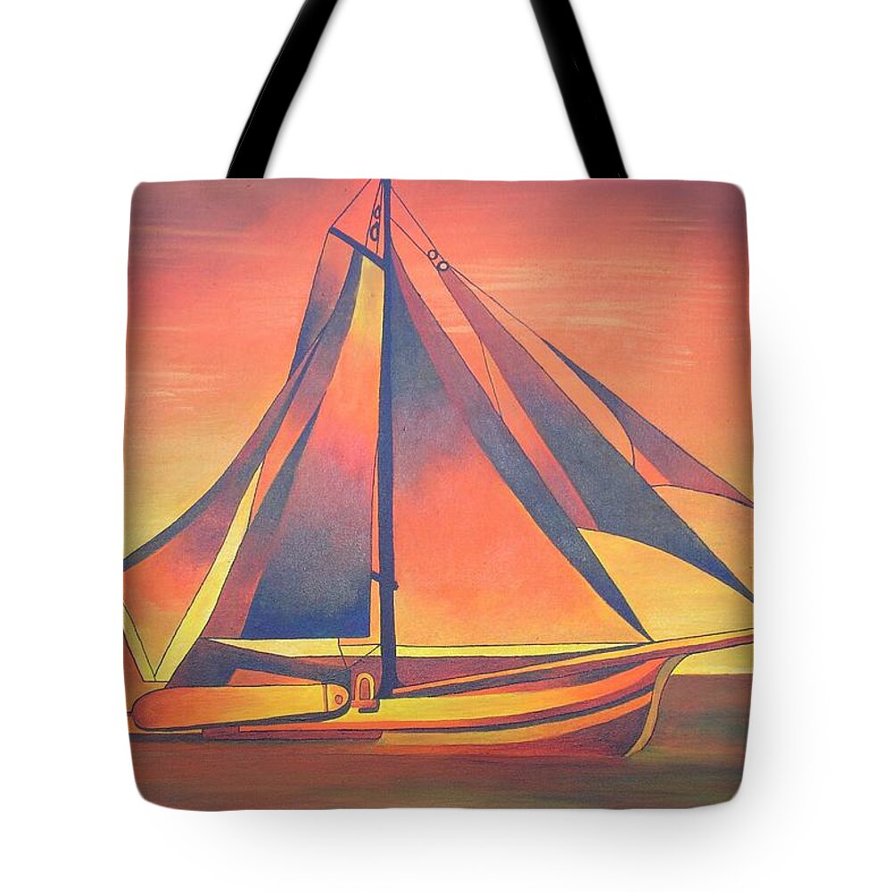 Sailboat Tote Bag featuring the painting Sienna Sails At Sunset by Taiche Acrylic Art