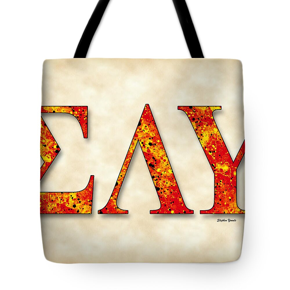 Sigma Lambda Upsilon Tote Bag featuring the digital art Sigma Lambda Upsilon - Parchment by Stephen Younts