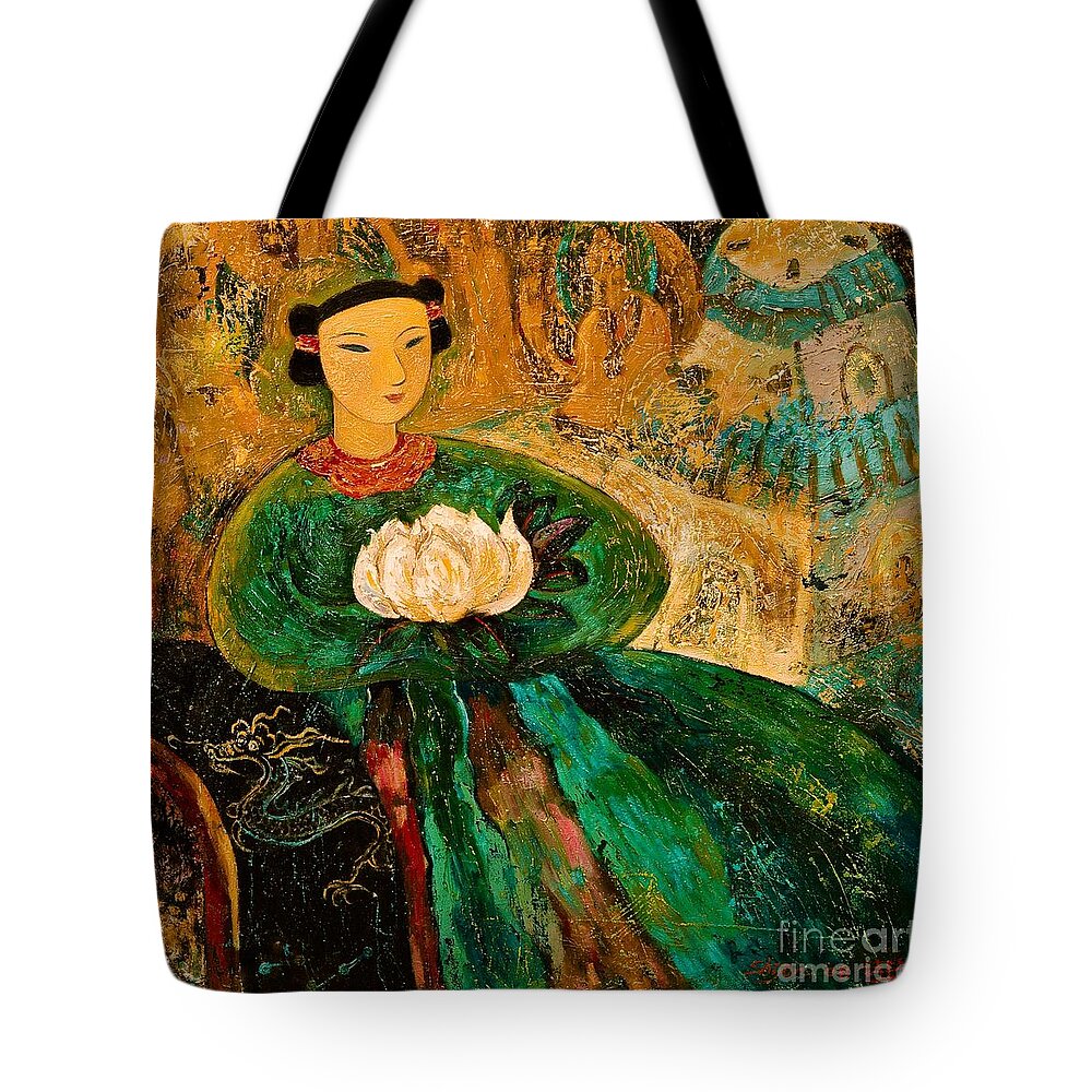 Portrait Tote Bag featuring the painting Silent Lotus by Shijun Munns