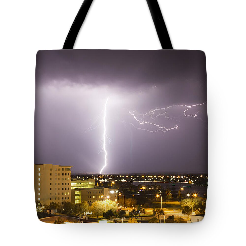 Lightning Tote Bag featuring the photograph Silo Strike by Robert Caddy