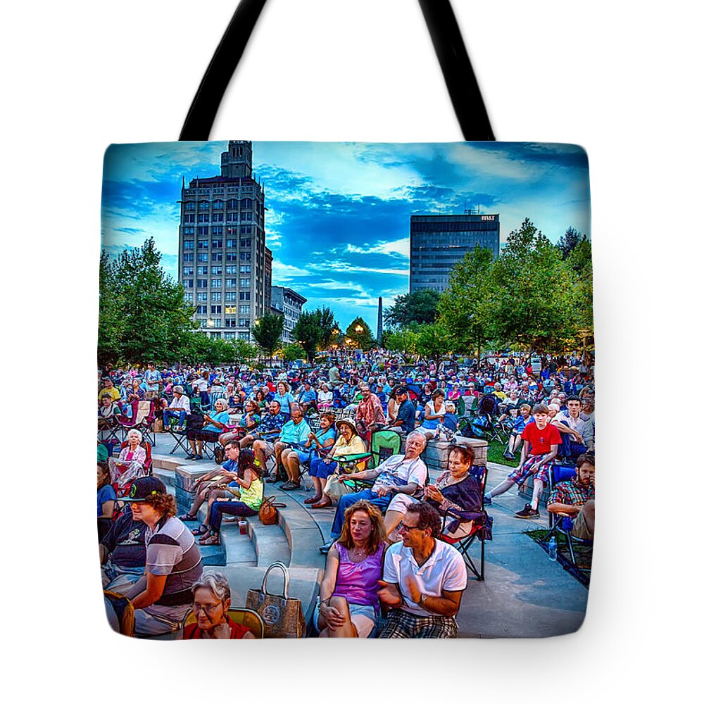 Asheville Tote Bag featuring the digital art Shindig on the Green Crowd by John Haldane
