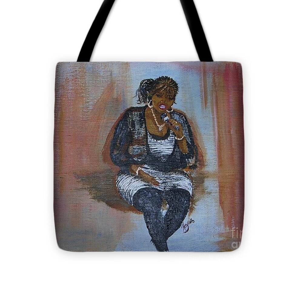 Woman Singing Into Microphone Tote Bag featuring the painting Sing Sandy Sing by Barbara Hayes