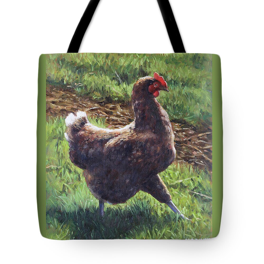 Chicken Tote Bag featuring the painting Single chicken walking around on grass by Martin Davey