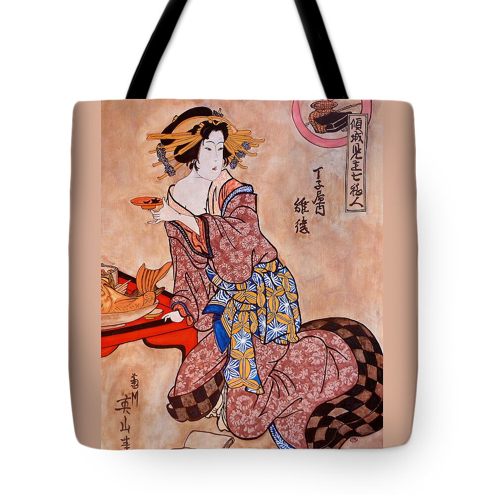 Sipping Sondra Tote Bag featuring the painting Sipping Sondra by Tom Roderick