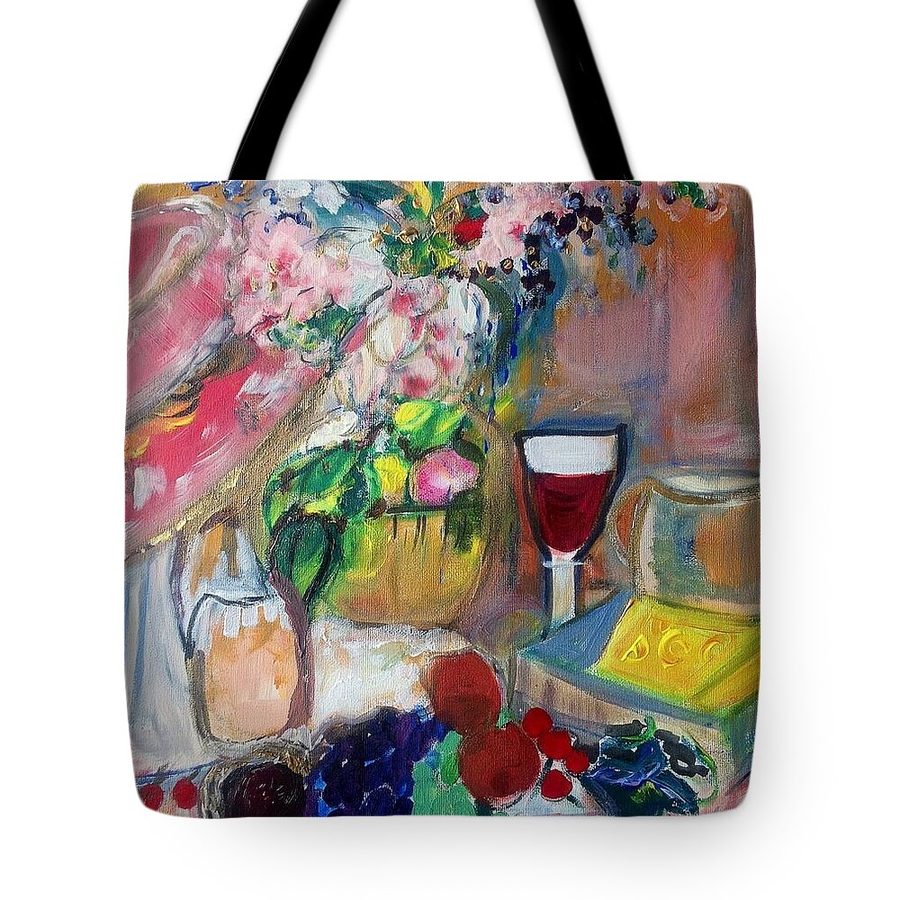 Fruit Tote Bag featuring the painting Sit down to cheese and fruit by Judith Desrosiers