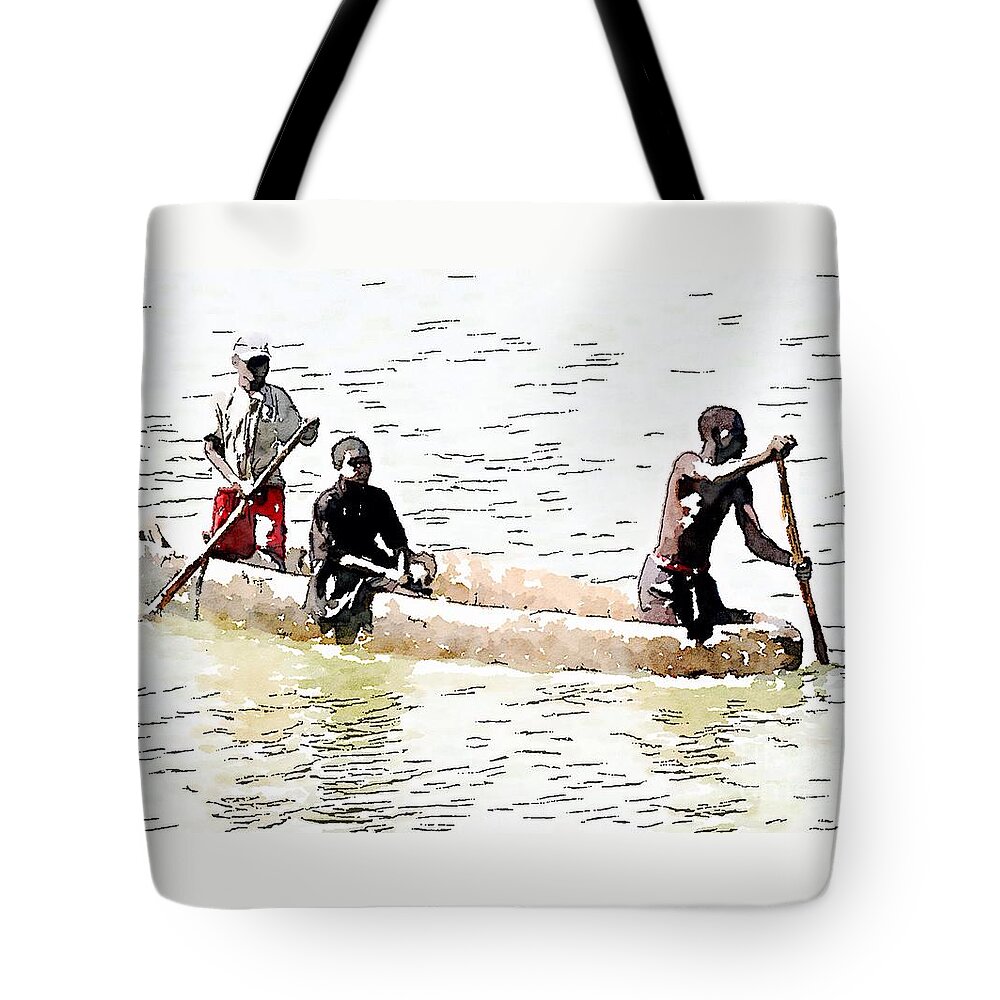 Boat Tote Bag featuring the painting Sitting in the boat by HELGE Art Gallery