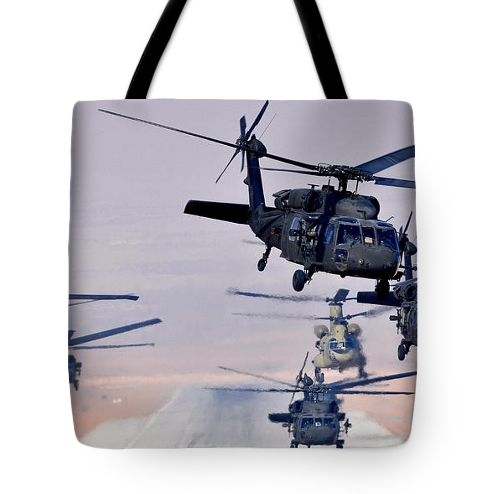 Helicopters Tote Bag featuring the photograph Six UH-60L Black Hawks and two CH-47F Chinooks by Paul Fearn