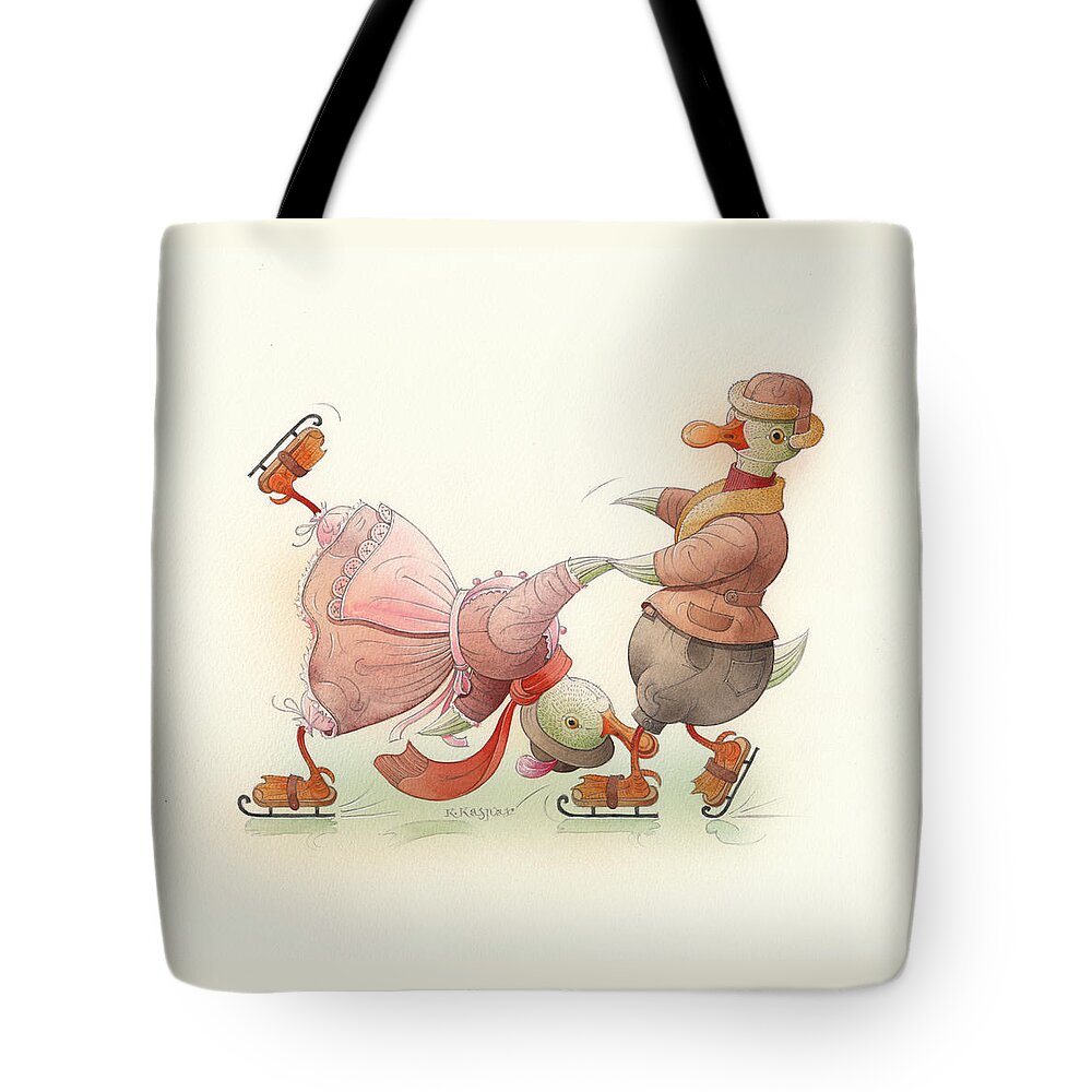Christmas Winter Greeting Cards Ice Snow Dance Duck Holiday Tote Bag featuring the painting Skating Ducks 5 by Kestutis Kasparavicius