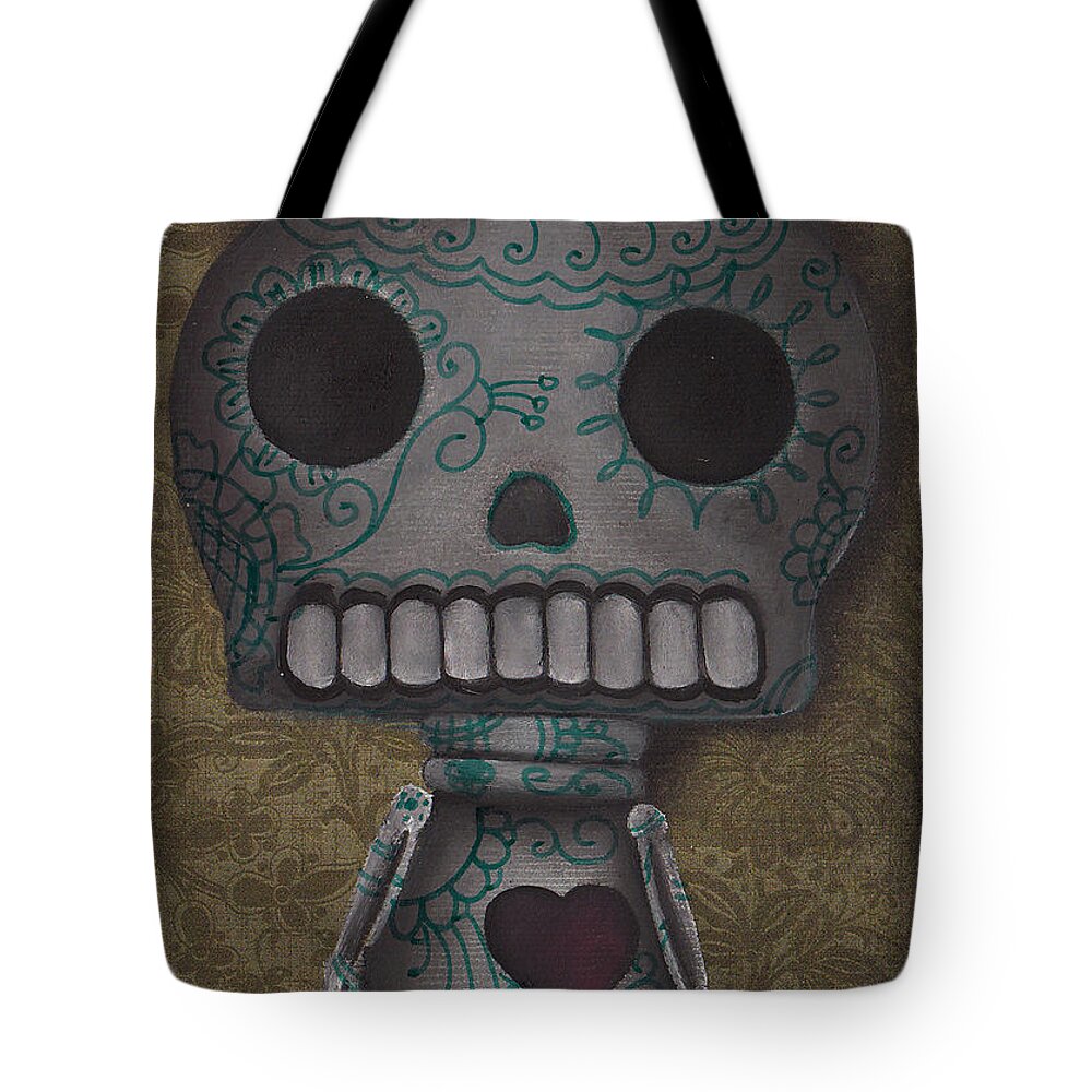 Day Of The Dead Tote Bag featuring the painting Skelly with a Heart by Abril Andrade