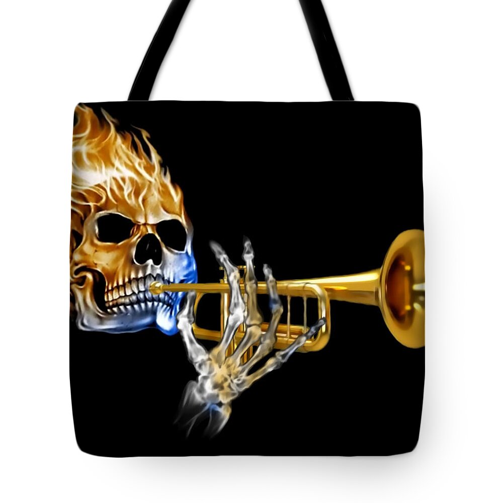 Skull Tote Bag featuring the mixed media Skull and Trumpet by Anthony Seeker